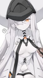 1boy 1girl ? blue_archive breasts hair_over_one_eye hat hetero highres long_hair looking_at_viewer malkuth_(blue_archive) medium_breasts mikozin orange_eyes pale_skin pov solo_focus spoken_question_mark thigh_strap white_hair white_hat