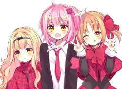 3girls armband black_jacket blazer blonde_hair blush capelet closed_mouth high_ponytail highres hinamori_amu jacket long_hair long_sleeves looking_at_viewer mashiro_rima multiple_girls necktie one_eye_closed open_mouth orange_eyes orange_hair pink_hair plaid_capelet plaid_clothes polarpomp ponytail red_armband red_necktie school_uniform seiyo_academy_school_uniform short_hair shugo_chara! side_ponytail smile tongue tongue_out twintails white_background yuiki_yaya