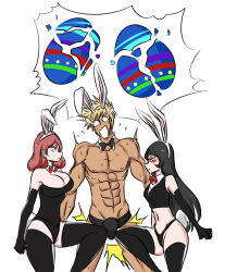 1boy 2girls ball_busting bow bowtie broken_egg easter_egg egg elbow_gloves gloves kneeing multiple_girls ocigart rabbit_ears thighhighs