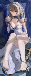 1girl absurdres azur_lane black_shoes blue_flower blue_rose blue_scarf breasts bridal_gauntlets cleavage collarbone commentary_request cross cross_earrings dress dress_flower earrings evening_gown flower grey_hair hair_between_eyes high_heels highres jewelry knees_up lace lace-trimmed_thighhighs lace_trim large_breasts long_hair looking_at_viewer mole mole_on_collarbone mole_under_eye official_alternate_costume purple_petals qualia_(quaquaqualia) red_eyes right_shoe_removed rose saint-louis_(azur_lane) saint-louis_(holy_knight&#039;s_resplendence)_(azur_lane) scarf shoes side_slit single_shoe sitting sleeveless sleeveless_dress solo sparkle thighhighs white_bridal_gauntlets white_dress white_thighhighs