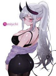 1girl ass black-framed_eyewear black_bra black_pantyhose black_skirt blush bra breasts cleavage closed_mouth commission demon_horns demon_tail glasses grey_hair grey_shirt high_ponytail highres horns huge_breasts long_hair looking_at_viewer looking_back miniskirt miychi off_shoulder original pantyhose pencil_skirt pointy_ears ponytail purple_eyes shiny_pantyhose shiny_skin shirt skirt solo sweat tail twitter_username twitter_x_logo underwear very_long_hair
