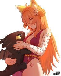 1girl absurdres ahoge animal_ears artist_name breasts cleavage commentary commission detached_sleeves double_bun dragon eyebrows_hidden_by_hair fox_ears hair_between_eyes hair_bun highres how_to_train_your_dragon_(series) indie_virtual_youtuber large_breasts leotard orange_hair otjareniy purple_leotard red_eyes smile toothless waifi