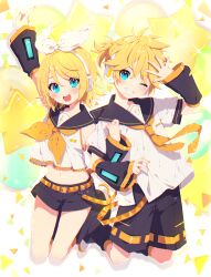 2girls arm_up black_sailor_collar black_shorts black_sleeves blonde_hair blue_eyes blush brother_and_sister commentary crop_top detached_sleeves english_commentary grin hair_between_eyes hair_ribbon head_tilt headphones highres kagamine_len kagamine_rin long_sleeves mamyouda midriff multiple_girls navel neckerchief one_eye_closed orange_neckerchief ribbon sailor_collar shirt shoes short_shorts shorts siblings sleeveless sleeveless_shirt sleeves_past_wrists smile star_balloon treble_clef twins vocaloid white_footwear white_ribbon white_shirt wide_sleeves