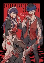 Rule 34 | 1boy, 1girl, adjusting eyewear, apron, axe, black boots, black border, black collar, black hair, black jacket, black necktie, black pants, black pantyhose, black shirt, blood, blood on axe, blood on clothes, blood on face, blood on gloves, blood on ground, bloody weapon, blue hair, bonesaw, boots, border, clothes lift, collar, commentary, earrings, english commentary, eye print, eyepatch, grey eyes, highres, holding, holding axe, holding saw, jacket, jacket on shoulders, jewelry, konoha kairi, maid, multicolored hair, necktie, official alternate costume, omokage yugamu, outside border, pants, pantyhose, print eyepatch, purple hair, red background, red eyes, red vest, saw, shirt, shizuhara hiruko, short hair, skirt, skirt lift, smile, the hundred line -last defense academy-, twitter username, vest, weapon, white apron, white shirt
