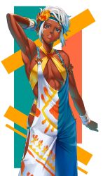 1girl aduti_momoyama arm_up blue_eyes bracelet breasts dark-skinned_female dark_skin elena_(street_fighter) facepaint hairband halterneck hand_on_own_head highres jewelry official_alternate_costume official_alternate_hairstyle overalls parted_lips solo street_fighter street_fighter_6 toned toned_female very_dark_skin white_hair