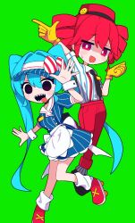1kg_5mm 2girls alternate_costume apron arm_up black_choker black_eyes black_necktie blue_dress blue_hair blush bow bright_pupils buttons choker clenched_hand collared_dress collared_shirt deformed double-breasted dress drill_hair full_body gloves green_background grey_socks hair_between_eyes hat hat_bow hatsune_miku kasane_teto kepi l_hand leg_up long_hair looking_at_viewer mesmerizer_(vocaloid) military_hat multiple_girls necktie nervous_smile open_mouth pants pinstripe_dress pinstripe_hat pinstripe_pattern puffy_short_sleeves puffy_sleeves red_bow red_eyes red_hat red_pants red_shoes roller_skates sailor_collar sharp_teeth shirt shoes short_dress short_sleeves skates sleeves_rolled_up smile smiley_hat_ornament socks solid_circle_eyes standing standing_on_one_leg striped_clothes striped_shirt striped_socks suspenders sweatdrop teeth tongue tongue_out twin_drills twintails utau very_long_hair visor_cap vocaloid waist_apron white_apron white_bow white_pupils white_sailor_collar white_socks white_wrist_cuffs wing_collar wrist_cuffs yellow_gloves