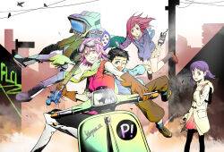 1boy 3girls animal barbara_(y01251214) black_socks blue_eyes blue_jacket blue_socks boots brown_eyes brown_gloves brown_shorts canti cat city copyright_name electric_guitar feet_out_of_frame flcl full_body gloves graffiti green_jacket grey_jacket guitar haruhara_haruko highres holding holding_guitar holding_hands holding_instrument instrument jacket latex looking_at_viewer motor_vehicle multiple_girls nandaba_naota ninamori_eri one_eye_closed pink_hair ponytail purple_hair red_shirt robot samejima_mamimi scooter shirt short_hair shorts skirt smile socks sticker vespa white_boots white_sleeves yellow_eyes
