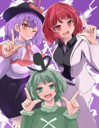 3girls :d ;) ascot bissha_(fjsf5787) black_hat black_shirt bow breasts capelet collared_shirt commentary_request cross-laced_clothes green_eyes green_hair hat hat_bow highres horikawa_raiko index_finger_raised jacket lightning long_sleeves multiple_girls nagae_iku necktie one_eye_closed open_mouth purple_background purple_hair purple_necktie red_ascot red_bow red_eyes red_hair shirt short_hair smile soga_no_tojiko tate_eboshi touhou v-shaped_eyebrows white_jacket