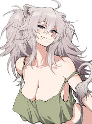 1girl ahoge alternate_costume animal_ears black_eyes breasts casual cleavage closed_mouth collarbone commentary crop_top crop_top_overhang crossed_bangs eyelashes fang green_tank_top grey_hair grey_panties hair_between_eyes hanging_breasts henriiku_(ahemaru) highres hololive large_breasts lion_ears lion_girl lion_tail long_hair looking_at_viewer panties shishiro_botan simple_background skin_fang smile solo strap_slip tail tank_top two_side_up underwear upper_body virtual_youtuber white_background