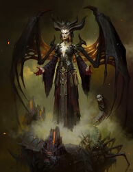Rule 34 | 1girl, absurdres, black dress, black lips, breasts, bug, chepengfei, cleavage, demon, demon girl, demon horns, demon wings, diablo (series), dress, fingernails, full body, heterochromia, highres, horns, lilith (diablo), looking at viewer, medium breasts, sharp fingernails, solo, spider, wings