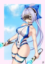 1girl bare_shoulders blue_bow blue_one-piece_swimsuit blue_sky blush bow breasts controller fate/grand_order fate_(series) guriguri_(arayotto4351) hair_bow head-mounted_display headset highleg highleg_one-piece_swimsuit highres large_breasts long_hair one-piece_swimsuit ponytail sky smile solo swimsuit thigh_strap thighs tomoe_gozen_(fate) tomoe_gozen_(swimsuit_saber)_(fate) tomoe_gozen_(swimsuit_saber)_(first_ascension)_(fate) two-tone_swimsuit white_hair white_one-piece_swimsuit wristband