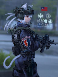 1girl animal_ears assault_rifle belt blue_jacket blue_pants blurry blurry_background bulletproof_vest chin_strap chinese_commentary chinese_text combat_helmet commentary_request cowboy_shot ears_through_headwear fang_zhenjun from_side gun handgun headphones helmet holding holding_gun holding_weapon holster holstered jacket long_hair microphone military original pants photo_background pistol police red_eyes republic_of_china_flag rifle s.w.a.t. standing tactical_clothes taiwan thigh_belt thigh_holster thigh_strap translation_request twintails walkie-talkie weapon weapon_request white_hair