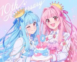 2girls :d anniversary ascot birthday_cake blue_ascot blue_hair blue_ribbon blunt_bangs blush brooch cake closed_mouth collared_shirt crown food gradient_ascot hair_intakes hair_ribbon highres holding holding_plate jacket jewelry kotonoha_akane kotonoha_aoi long_bangs long_hair long_sleeves looking_at_viewer moya_(toatomoot) multiple_girls one_eye_closed open_mouth pink_ascot pink_hair pink_ribbon plate red_eyes ribbon shirt siblings side-by-side sidelocks sisters sleeve_cuffs smile straight_hair suit_jacket upper_body voiceroid white_ascot
