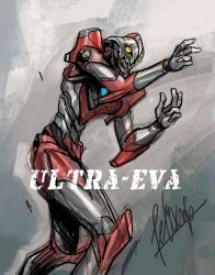 armor character_name commentary crossover english_commentary english_text eva_01 evangelion_(mecha) feet_out_of_frame felixxip fusion highres mecha mecha_focus neon_genesis_evangelion red_armor robot shin_ultraman signature sketch super_robot tokusatsu ultra_series ultraman ultraman_(1st_series) yellow_eyes