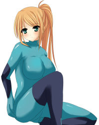 1girl blonde_hair breasts female_focus green_eyes huge_breasts latex long_hair metroid nintendo p3 ponytail samus_aran simple_background sitting solo white_background zero_suit