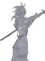 1boy belt closed_mouth cloud_strife crisis_core_final_fantasy_vii final_fantasy final_fantasy_vii gloves highres holding holding_weapon looking_at_viewer male_focus pants scarf shinra_infantry_uniform shirt spiked_hair stab weapon white_background zc_furuya