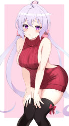 1girl ahoge bare_arms bare_shoulders black_thighhighs blush border bow breasts closed_mouth dress embarrassed feet_out_of_frame hair_between_eyes hands_on_own_legs highres knees_together_feet_apart large_breasts leaning_forward long_hair looking_at_viewer low_twintails meme_attire oilen0731 outside_border pink_eyes purple_hair raised_inner_eyebrows red_background red_bow red_sweater ribbed_sweater senki_zesshou_symphogear sideboob sideless_outfit signature solo sweater sweater_dress thigh_bow thighhighs twintails very_long_hair virgin_killer_sweater wavy_mouth yukine_chris