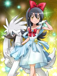alouette_(pokemon) black_hair blue_dress dress furfrou furfrou_(natural) gen_6_pokemon gloves hair_between_eyes idol jewelry key long_hair nintendo off_shoulder performance pokemoa pokemon pokemon_(anime) pokemon_(creature) pokemon_performer pokemon_xy_(anime) ribbon skirt_hold smile tagme white_gloves yellow_eyes
