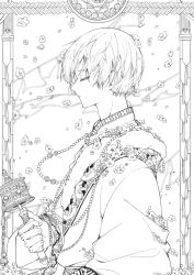 1boy absurdres baihua_er bead_necklace beads chinese_clothes closed_eyes coat dao_mu_bi_ji flower from_side hand_up highres jewelry lineart male_focus monochrome necklace prayer_wheel profile short_hair solo string_of_flags tibetan_clothes upper_body zhang_qiling