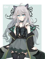 Rule 34 | 1girl, :o, absurdres, ahoge, animal ears, arknights, black camisole, black ribbon, black thighhighs, blush, border, breasts, camisole, chinese commentary, cleavage, collarbone, commentary, commentary request, cowboy shot, english commentary, green background, grey hair, hair between eyes, hair ribbon, highres, ice orange lovegg, infection monitor (arknights), long hair, long sleeves, looking at viewer, mint (arknights), mixed-language commentary, open mouth, outside border, partial commentary, ribbon, simple background, small breasts, standing, thighhighs, white border