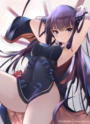 1girl armpits arms_behind_head arms_up b_b_b_b66 bare_shoulders black_dress blue_eyes blunt_bangs blush breasts china_dress chinese_clothes closed_mouth covered_navel detached_sleeves dizi dress fate/grand_order fate_(series) female_focus floral_print flute hair_ornament instrument leaning_back long_hair looking_at_viewer medium_breasts mujinbensin pipa_(instrument) purple_hair smile solo thighs transverse_flute twintails very_long_hair yang_guifei_(fate) yang_guifei_(second_ascension)_(fate)