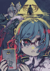 1boy 2girls absurdres blue_hair cellphone clenched_teeth collared_shirt commentary_request cone_hair_bun double_bun eye_of_providence fukurai_azami glasses hair_bun highres holding holding_phone jasmine_(toshi_densetsu_kaitai_center) jumpsuit konno_takashi limited_palette looking_at_viewer meguriya_ayumu multiple_girls open_mouth phone profile shirt short_hair silhouette smartphone standing teeth toshi_densetsu_kaitai_center toshikai-kun upper_body