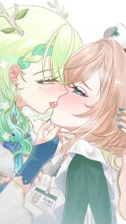 2girls blush ceres_fauna ceres_fauna_(1st_costume) french_kiss green_eyes green_hair green_nails hat highres hololive hololive_english id_card indie_virtual_youtuber kiss mole mole_under_eye multiple_girls nimi_nightmare nurse_cap seekorplatypus tongue tongue_out virtual_youtuber voice_actor_connection yuri