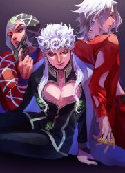 Rule 34 | 3boys, absurdres, argyle clothes, argyle sweater, back-to-back, belt, black belt, black eyes, black pants, bug, clothing cutout, earrings, food-themed earrings, food themed earrings, giorno giovanna, guido mista, gun, hair down, handgun, hat, highres, holding, holding gun, holding weapon, insect, jewelry, jojo no kimyou na bouken, ladybug, ladybug ornament, long hair, looking at viewer, male focus, medium hair, multiple boys, pannacotta fugo, pants, parted lips, red eyes, red pants, red shirt, revolver, shirt, sitting, strawberry earrings, sweater, togusa jj, vento aureo, victory rolls, weapon, white hair
