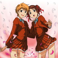 1990s_(style) 2girls blazer blonde_hair brown_eyes brown_hair double_bun fushigi_yuugi hair_ribbon highres hongo_yui hongou_yui jacket multiple_girls open_mouth petals ribbon school_uniform short_hair skirt takaya_n vest yuuki_miaka