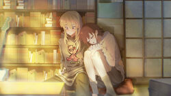 2girls absurdres blush bookshelf brown_hair commentary electric_guitar english_commentary girls_band_cry grey_eyes grey_hair grey_hoodie grey_skirt guitar hand_on_another&#039;s_waist highres hood hoodie indoors instrument iseri_nina kawaragi_momoka long_sleeves low_twintails multicolored_hair multiple_girls open_mouth pleated_skirt roots_(hair) short_hair short_twintails skirt sleeping sleeping_on_person sweatdrop twintails white_hoodie ydpfa yuri
