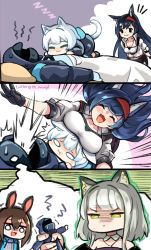 0_0 1other 4girls :3 ^_^ amiya_(arknights) animal_ear_fluff animal_ears arknights ascot black_gloves black_hair black_jacket black_legwear blaze_(arknights) blue_ascot blush breast_rest breasts breasts_on_head cat_ears cat_girl cat_tail character_doll closed_eyes commentary detached_collar doctor_(arknights) doll english_commentary gloves green_hair hair_between_eyes highres hm_(hmongt) jacket kal&#039;tsit_(arknights) large_breasts lying lying_on_person multiple_girls off_shoulder on_back on_stomach open_clothes open_jacket rabbit_girl rosmontis_(arknights) shirt sleeping sleeping_on_person solid_circle_eyes solid_oval_eyes spitting sweatdrop tail twitter_username unamused white_hair white_shirt zzz
