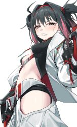 1girl absurdres belt black_belt black_hair black_survival blue_eyes breasts clothing_cutout cropped_shirt eternal_return:_black_survival from_below gradient_eyes gradient_hair hairband highres hip_vent hisui_(black_survival) jacket long_sleeves looking_at_viewer medium_hair midriff mole mole_under_eye multicolored_eyes multicolored_hair navel open_clothes open_jacket pants pink_eyes pink_hair red_hairband red_ribbon ribbon sharp_teeth simple_background small_breasts solo stomach sweat sweatdrop syhan teeth thighs two-sided_fabric two_side_up white_background white_jacket white_pants