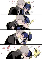 1boy 1girl 4bczrq0nvv33260 @_@ androgynous black_jacket blue_eyes blue_hair blue_hat blue_jacket blue_ribbon closed_eyes closed_mouth gakuran grey_eyes grey_hair hat heart height_difference hetero highres jacket kiss kissing_cheek looking_at_another neck_ribbon newsboy_cap open_clothes open_jacket persona persona_4 ribbon school_uniform shirogane_naoto short_hair simple_background tomboy white_background yasogami_school_uniform