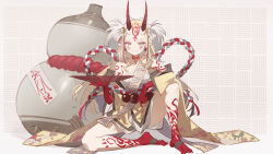 Rule 34 | 1girl, absurdres, barefoot, blonde hair, breasts, colored skin, earrings, facial mark, fate/grand order, fate (series), forehead mark, full body, highres, horns, ibaraki douji (fate), japanese clothes, jewelry, kimono, kouhaku nawa, long hair, long sleeves, luozhou pile, medium breasts, pointy ears, red skin, rope, shimenawa, sitting, solo, very long hair, yellow eyes, yellow kimono