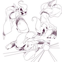 1boy antennae back black_nails bracer colored_sclera commentary dragon_ball dragonball_z energy_ball evil_smile feet_together fighting_stance full_body hand_stand handstand hole_on_body incoming_attack incoming_punch kid_buu legs_apart legs_up lineart looking_ahead looking_at_viewer looking_to_the_side majin_buu male_focus multiple_views no_eyebrows open_mouth pants pectorals punching sharp_teeth shirtless_male shoes simple_background smile solo teeth tongue tongue_out topless_male upper_teeth_only