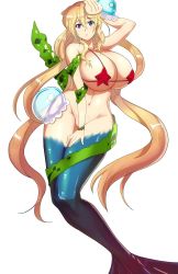 1girl bikini bikini_top_only blonde_hair blue_eyes bottomless bracelet breasts covering_privates covering_crotch curvy female_focus fins fish_tail full_body graphite_(medium) groin highres huge_breasts jellyfish jewelry long_hair looking_at_viewer mermaid micro_bikini monster_girl navel original red_bikini seaweed shell simple_background solo string_bikini swimsuit tail tamanegiya traditional_media very_long_hair white_background wide_hips