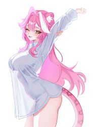 Rule 34 | 1girl, ;3, ;p, absurdres, animal ear fluff, animal ears, arm behind head, arm up, breasts, center-flap bangs, collared shirt, commentary, dress shirt, drowsenss, from side, hair intakes, highres, holding own arm, hololive, hololive english, large breasts, long hair, long sleeves, making-of available, multicolored hair, naked shirt, one eye closed, outstretched arm, panther ears, panther girl, panther tail, pink hair, raora panthera, see-through silhouette, shirt, sidelocks, simple background, solo, streaked hair, stretching, symbol-only commentary, tail, tail under clothes, tongue, tongue out, very long hair, virtual youtuber, white background, white hair, yellow eyes