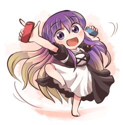 Rule 34 | 1girl, :d, barefoot, black dress, commentary request, controller, dress, full body, game controller, gradient hair, hijiri byakuren, holding, holding controller, holding game controller, joy-con, layered dress, long hair, multicolored hair, nintendo switch, open mouth, purple eyes, purple hair, rokugou daisuke, short sleeves, signature, smile, solo, standing, standing on one leg, touhou, turtleneck, turtleneck dress, white background, white dress