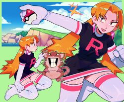 1girl black_dress boots breasts buck_teeth cassidy_(pokemon) clenched_hand cliff cloud dress earrings elbow_gloves eyelashes game_freak gen_1_pokemon gloves high_heel_boots high_heels highres holding holding_poke_ball jewelry lips lipstick long_hair makeup medium_breasts mouse_tail multiple_views nintendo orange_hair parted_bangs parted_lips pinching poke_ball poke_ball_(basic) pokemon pokemon_(anime) pokemon_(classic_anime) pokemon_(creature) purple_eyes raticate red_lips short_dress smile sparkle speedoru tail team_rocket team_rocket_uniform teeth thigh_boots thighhighs triangle_earrings twintails whiskers white_gloves