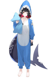 1girl absurdres alternate_costume animal_costume animal_hood barefoot black_bra black_hair blue_pajamas bra breasts cleavage colored_inner_hair ellen_joe fins fish_tail full_body highres holding holding_pillow hood long_sleeves looking_at_viewer multicolored_hair one_eye_closed opm7760 orange_eyes pajamas pillow red_eyes red_hair shark_costume shark_girl shark_hood shark_tail simple_background solo standing tail underwear white_background zenless_zone_zero