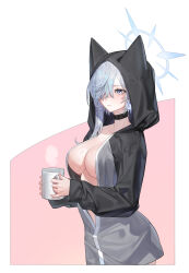 1girl absurdres animal_ear_hood asymmetrical_hair asymmetrical_sidelocks black_choker black_jacket blue_eyes blue_halo blush breasts choker cleavage closed_mouth commentary_request commission cup fake_animal_ears grey_hair grey_jacket hair_over_one_eye halo highres holding holding_cup hood hood_up jacket large_breasts long_sleeves mole mole_under_eye mug multicolored_jacket original outside_border pixiv_commission snacks00 solo thighs two-tone_jacket