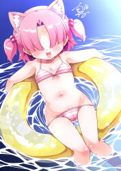 1girl :d animal_ears bikini blue_archive breasts cat_ears cat_girl chlorella_observation_club_member_(blue_archive) facing_viewer from_above groin hair_bobbles hair_ornament hair_over_eyes highres innertube loli long_bangs lying navel on_back on_innertube open_mouth partially_submerged pink_bikini pink_hair shirogane_(cufsser) short_hair small_breasts smile stomach striped_bikini striped_clothes swim_ring swimsuit two_side_up water wet yellow_innertube