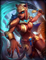 Rule 34 | 1girl, animal ears, artist request, bastet (smite), black nails, blue eyes, breasts, cat ears, cat tail, jewelry, large breasts, navel, smite, solo, tail, whip
