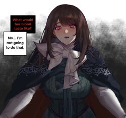 1girl black_background black_cape blush brown_hair cape english_text fangs gloves gradient_background green_shirt highres long_hair looking_at_viewer neckerchief nervous nervous_sweating open_mouth red_eyes reverse:1999 semmelweis_(reverse:1999) shirt siriinwza sweat teeth upper_body upper_teeth_only white_background white_gloves white_neckerchief yukadon_on_viewer