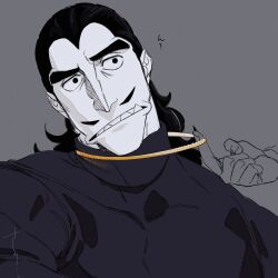 1boy aquiline_nose black_eyes black_hair colored_skin desha_(ousama_ranking) facial_hair grey_skin head_tilt highres huge_eyebrows male_focus mullet muscular muscular_male mustache nose ousama_ranking pencil_mustache sanpaku sashimi_oran sharp_teeth short_hair solo_focus teeth unfinished