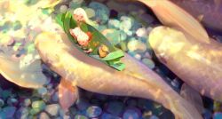 1boy 1girl boat commentary_request fantasy fish highres long_hair mini_person miniboy minigirl original satomatoma sunlight water watercraft white_hair