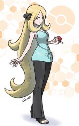 1girl absurdres black_pants blonde_hair blue_shirt breasts closed_mouth commentary commission cynthia_(pokemon) english_commentary full_body grey_eyes hair_over_one_eye highres holding holding_poke_ball long_hair medium_breasts nintendo pants poke_ball poke_ball_(basic) pokemon pokemon_(anime) pokemon_bw_(anime) shirt siczak sleeveless sleeveless_shirt smile solo standing toeless_footwear toes very_long_hair yellow_background