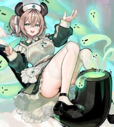 1girl animal_ears apron black_panties black_shoes blush breasts brown_hair commentary crossed_bangs dress fingernails frilled_apron frills full_body green_dress green_eyes hair_ribbon hat highres indie_virtual_youtuber knees_up lace lace-trimmed_thighhighs lace_trim large_breasts leather_belt long_sleeves looking_at_viewer maid_apron mary_janes medium_hair name_tag naplings_(nimi_nightmare) nimi_nightmare nurse_cap object_riding one_side_up open_mouth oversized_object panties pantyshot pink_nails ribbon robot_cat_(robotcatart) shoes sleeve_cuffs smile smoking_pipe solo tapir_ears tapir_girl teeth thighhighs underwear upper_teeth_only virtual_youtuber white_apron white_sleeve_cuffs white_thighhighs