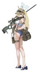 1girl absurdres ai_arctic_warfare animal_ear_fluff animal_ears armband ass bag blonde_hair blue_archive blue_halo bolt_action denim denim_shorts dog_ears extra_ears eyewear_on_head full_body gun halo hashtag-only_commentary hat high_heel_sandals highres kanna_(blue_archive) kneepits long_hair ponytail rifle sandals short_shorts shorts shoulder_bag simple_background sniper_rifle solo sports_bra standing sunglasses walkie-talkie weapon white_background white_sports_bra zi0807
