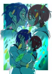 1boy 1girl amate_yuzuriha aqua_shirt blue_hair blush collared_shirt colored_inner_hair commentary_request couple gundam gundam_gquuuuuux hetero highres holding hug kiss long_sleeves multicolored_hair necktie open_mouth purple_hair red_eyes red_hair school_uniform shirt short_hair shuji_ito smile sweater tank_top teardrop tears two-tone_hair upper_body white_shirt yuna_monomorai zeknova